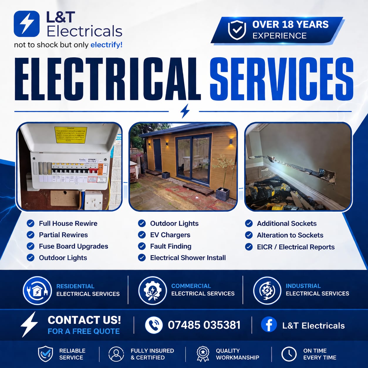 L&T Electricals electrical services list covering rewires, outdoor lights, EV chargers, fault finding and EICR reports